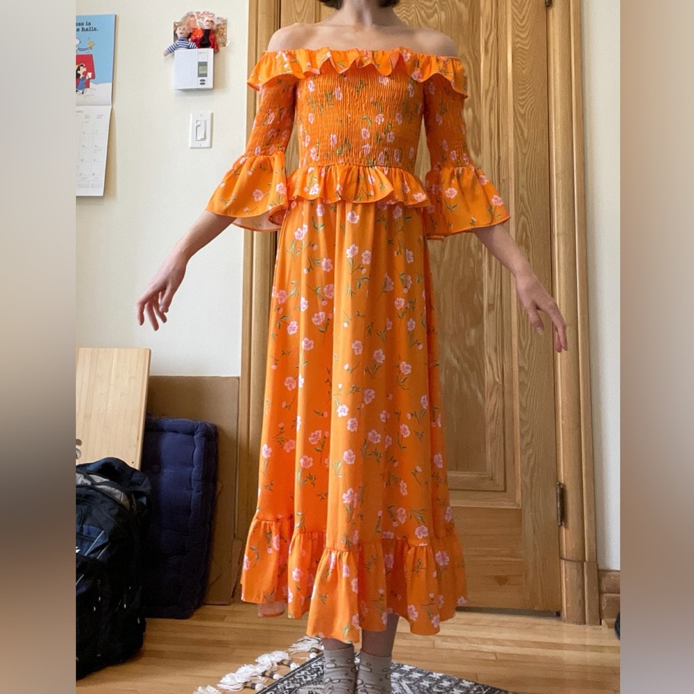Floral Off-Shoulder Ruffled Orange Dress